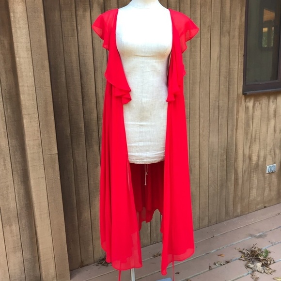 Anthropologie Yumi Kim Womens Red Wrap Midi Dress Ruffle Crepe Large - Picture 10 of 16